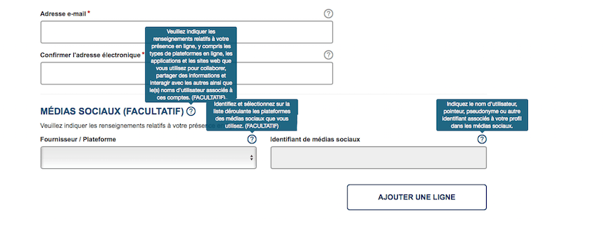 Bulles d'aides pour la question réseaux sociaux demandés sur le formulaire de l'ESTA