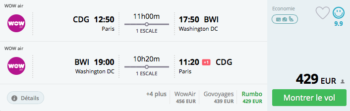 Vol Paris-Washington de Wow Air à 520€ par personne