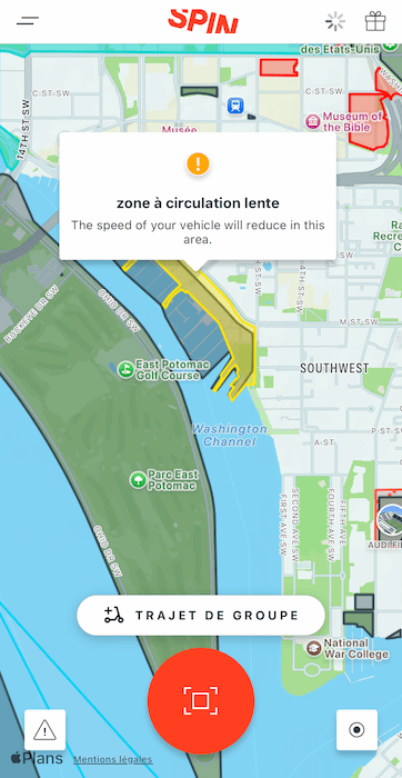 Application Spin, les zones pour trottinettes à Washington