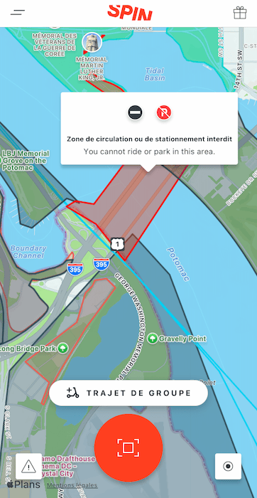 Application Spin, les zones pour trottinettes à Washington